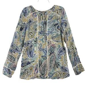 Lucky Brand Semi Sheer Boho Blouse Size XL Blue Multi Paisley Crochet Lace